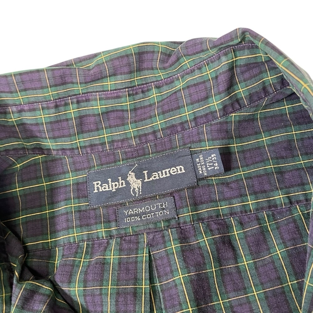 Ralph Lauren 17.5 34/35 Blue/Green Plaid Yarmouth Button Down 100% Cotton Preppy - Picture 7 of 8